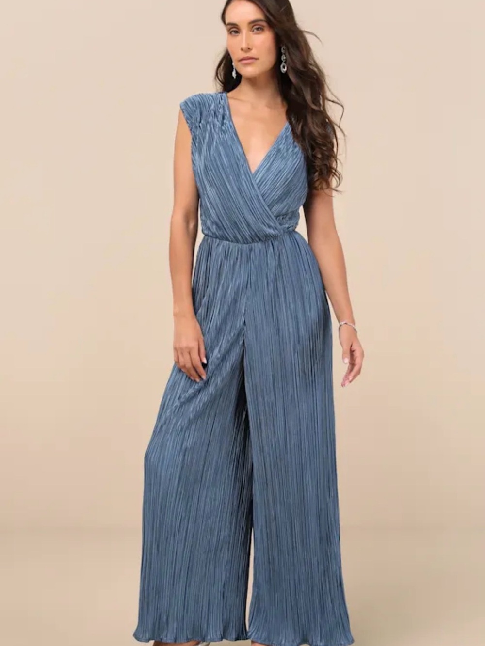 Lulu's Slate Blue Pleated Surplice Wide-Leg Jumpsuit